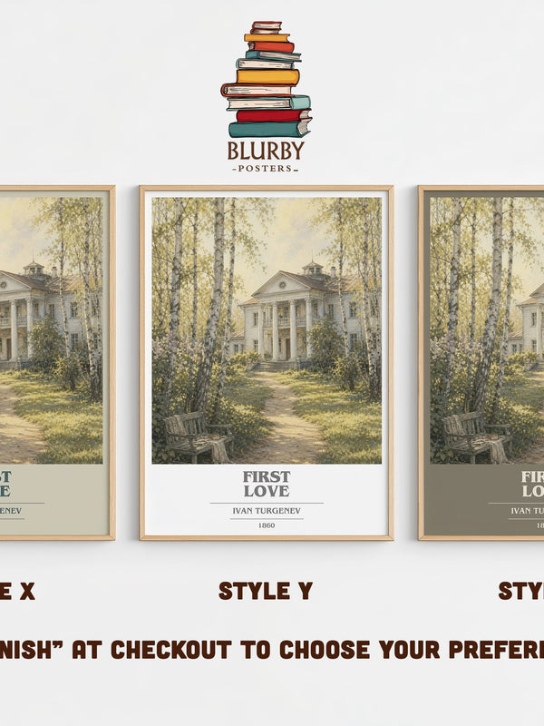 First Love book cover print in frame leaning in hallway – classic literature wall art