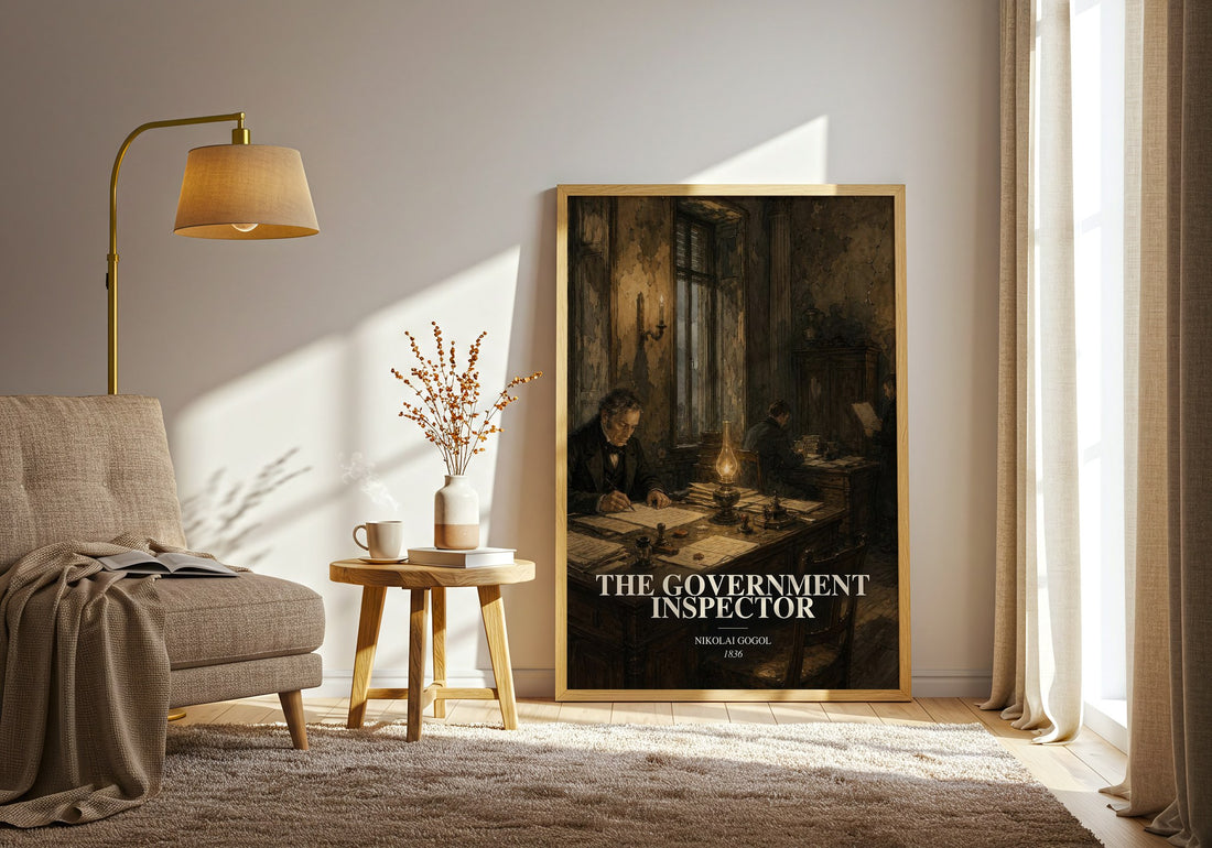The Government Inspector watercolour print in frame leaning in hallway – satire wall art (mockup)