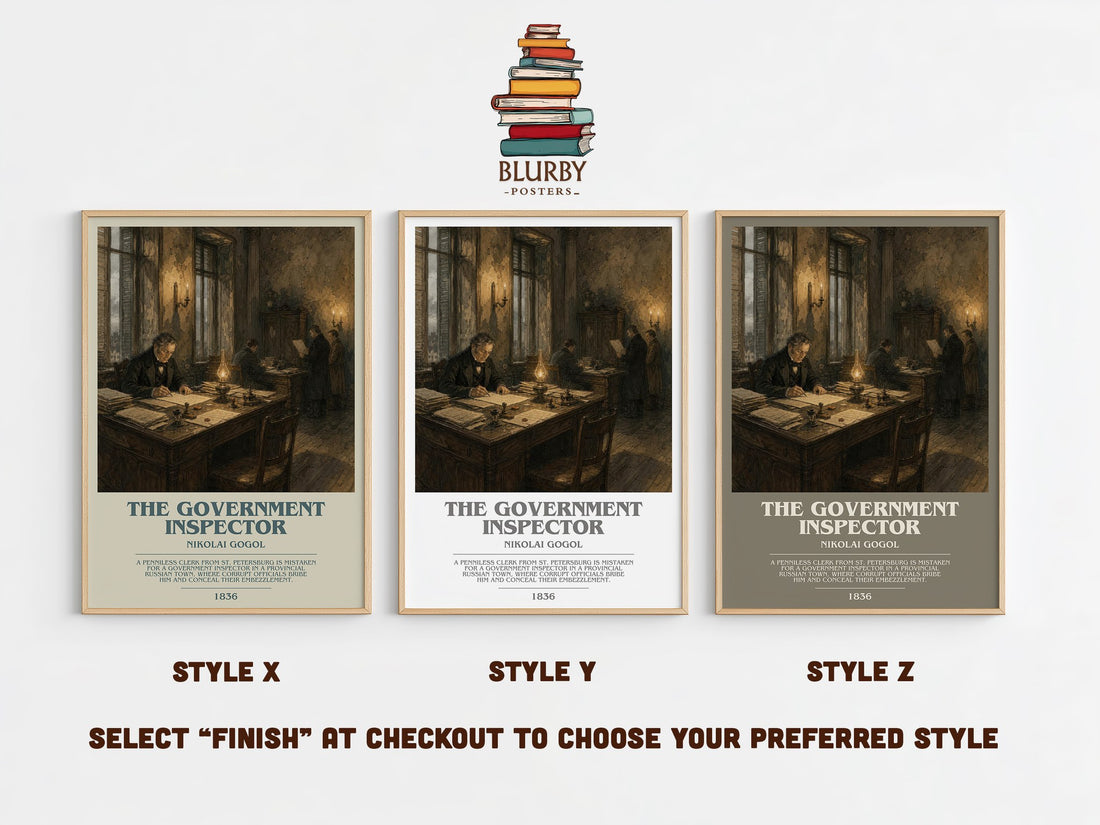 The Government Inspector bookish print in frame leaning in hallway – satire wall art (mockup)