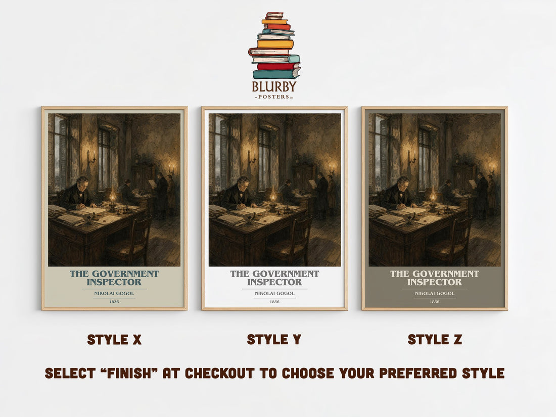 The Government Inspector book cover print in frame leaning in hallway – satire wall art (mockup)