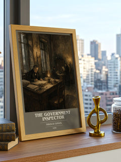 The Government Inspector book cover print framed by window – literary home decor