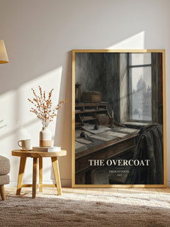 The Overcoat watercolour print in frame leaning in hallway – classic literature wall art