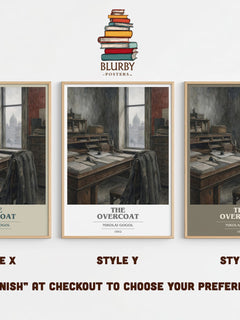 The Overcoat book cover print in frame leaning in hallway – classic literature wall art
