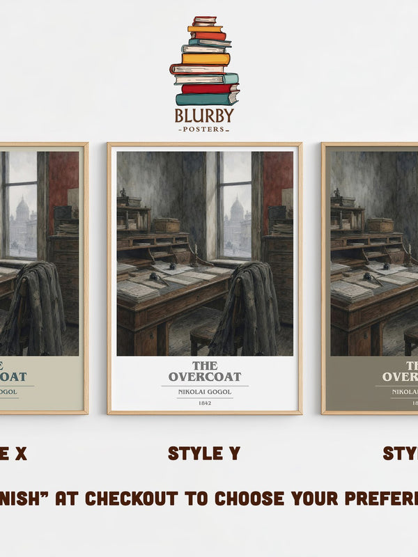 The Overcoat book cover print in frame leaning in hallway – classic literature wall art