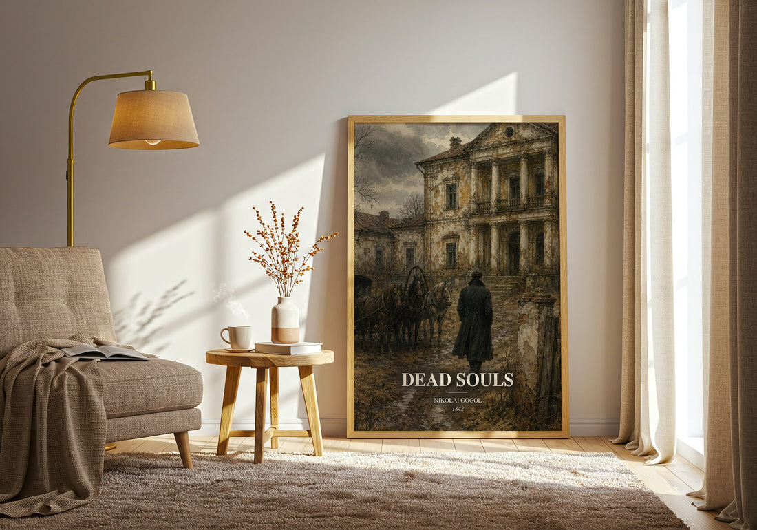 Dead Souls watercolour print in frame leaning in hallway – satire wall art (mockup)