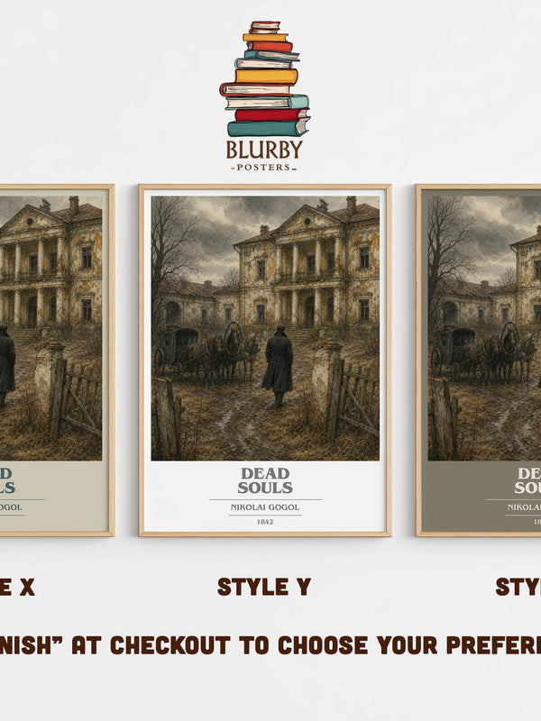 Dead Souls book cover print in frame leaning in hallway – satire wall art