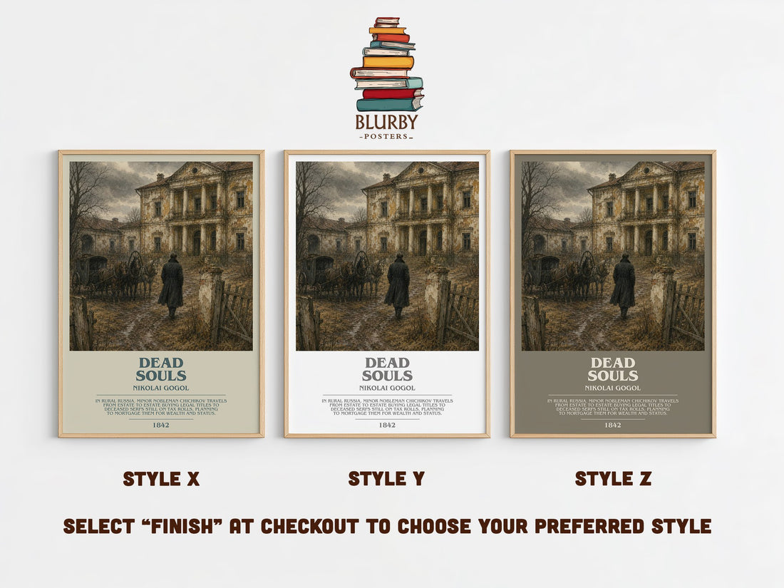 Dead Souls bookish print in frame leaning in hallway – satire wall art (mockup)