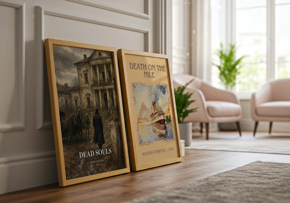 Dead Souls watercolour print framed by window – literary home decor