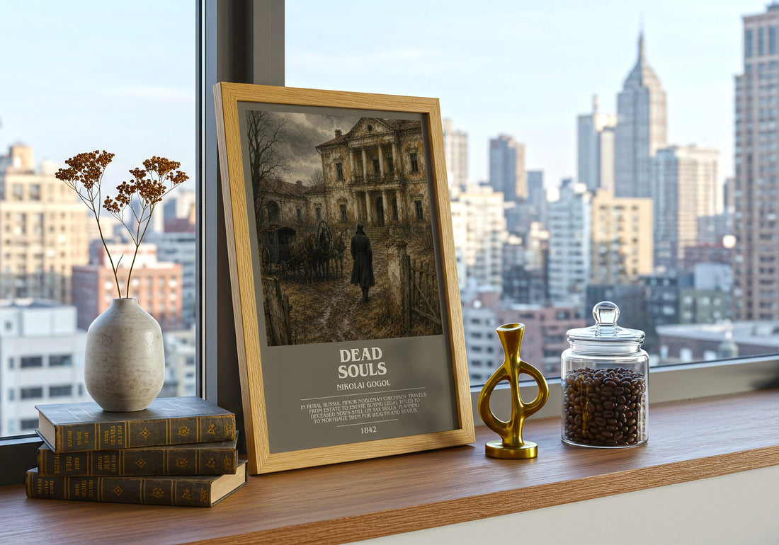 Dead Souls bookish print framed by window – literary home decor