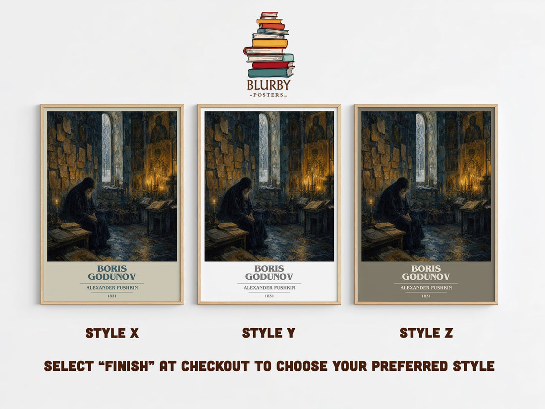 Boris Godunov book cover print in frame leaning in hallway – classic literature wall art (mockup)