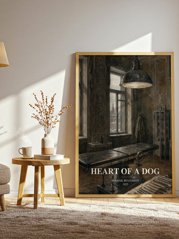 Heart of a Dog watercolour print in frame leaning in hallway – satire wall art