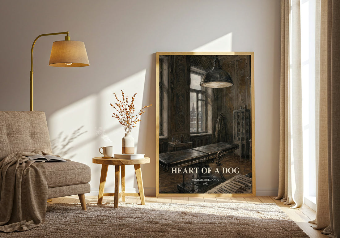 Heart of a Dog watercolour print in frame leaning in hallway – satire wall art (mockup)