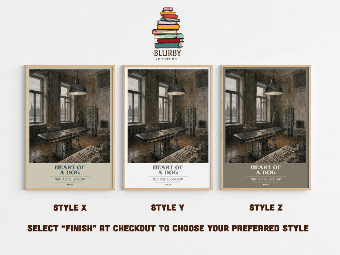 Heart of a Dog book cover print in frame leaning in hallway – satire wall art (mockup)