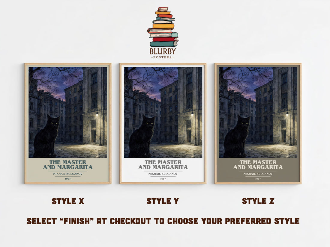 The Master and Margarita book cover print in frame leaning in hallway – literary fiction wall art (mockup)