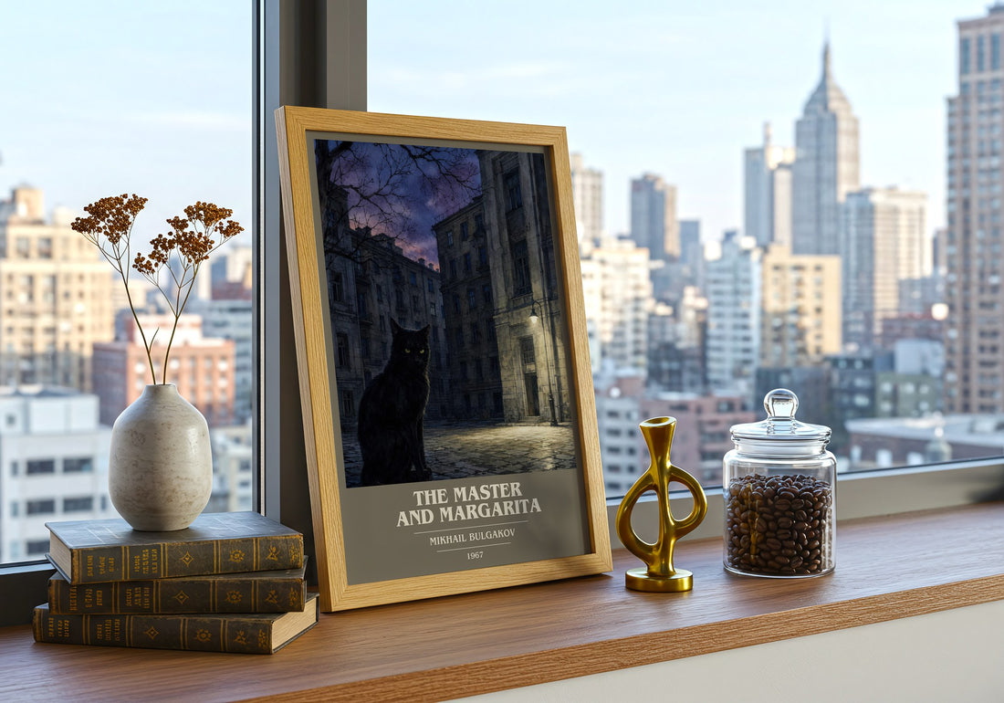The Master and Margarita book cover print framed by window – literary home decor