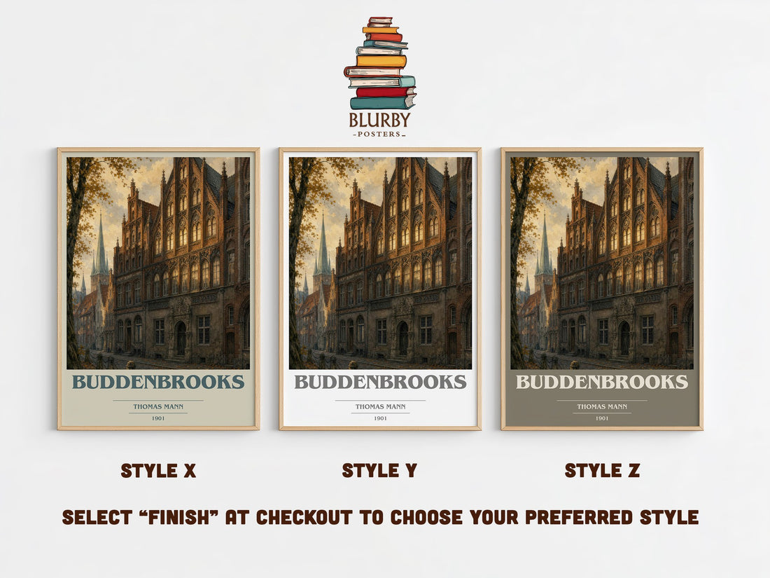 Buddenbrooks book cover print in frame leaning in hallway – literary fiction wall art (mockup)