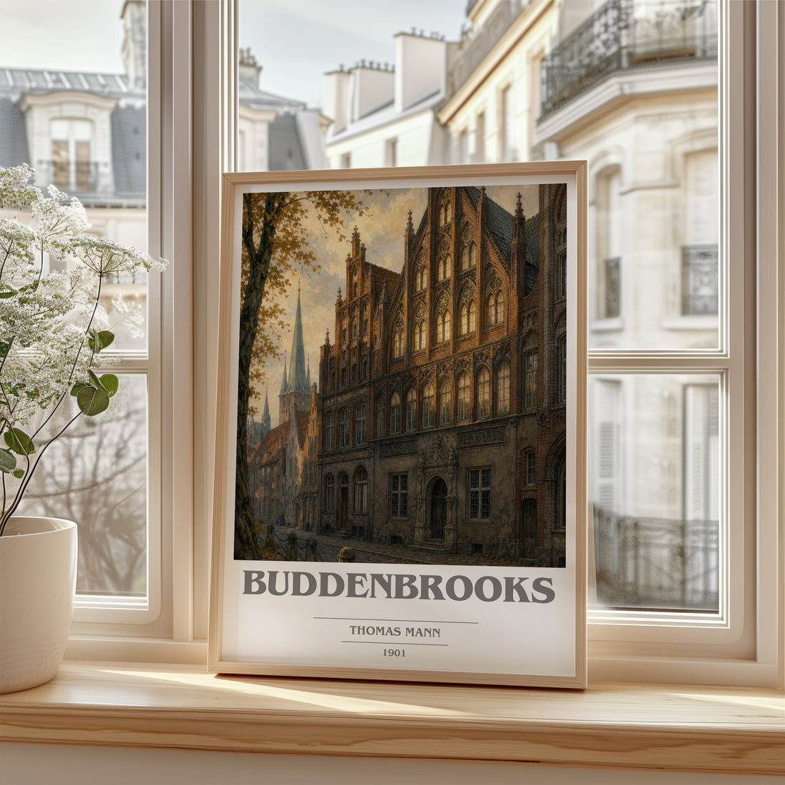 Buddenbrooks Book Cover Poster by Thomas Mann – framed print by a bright window