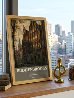 Buddenbrooks Book Cover Poster by Thomas Mann – framed print on a city-view windowsill