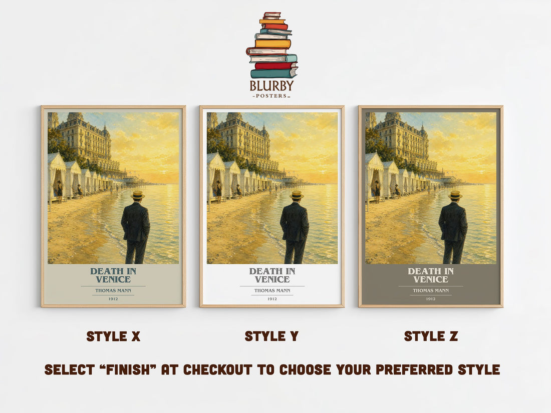 Death in Venice book cover print in frame leaning in hallway – literary fiction wall art (mockup)