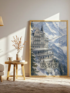 The Magic Mountain watercolour print in frame leaning in hallway – literary fiction wall art