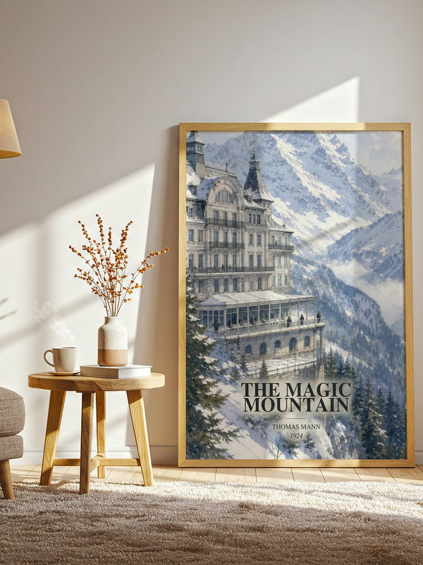 The Magic Mountain watercolour print in frame leaning in hallway – literary fiction wall art