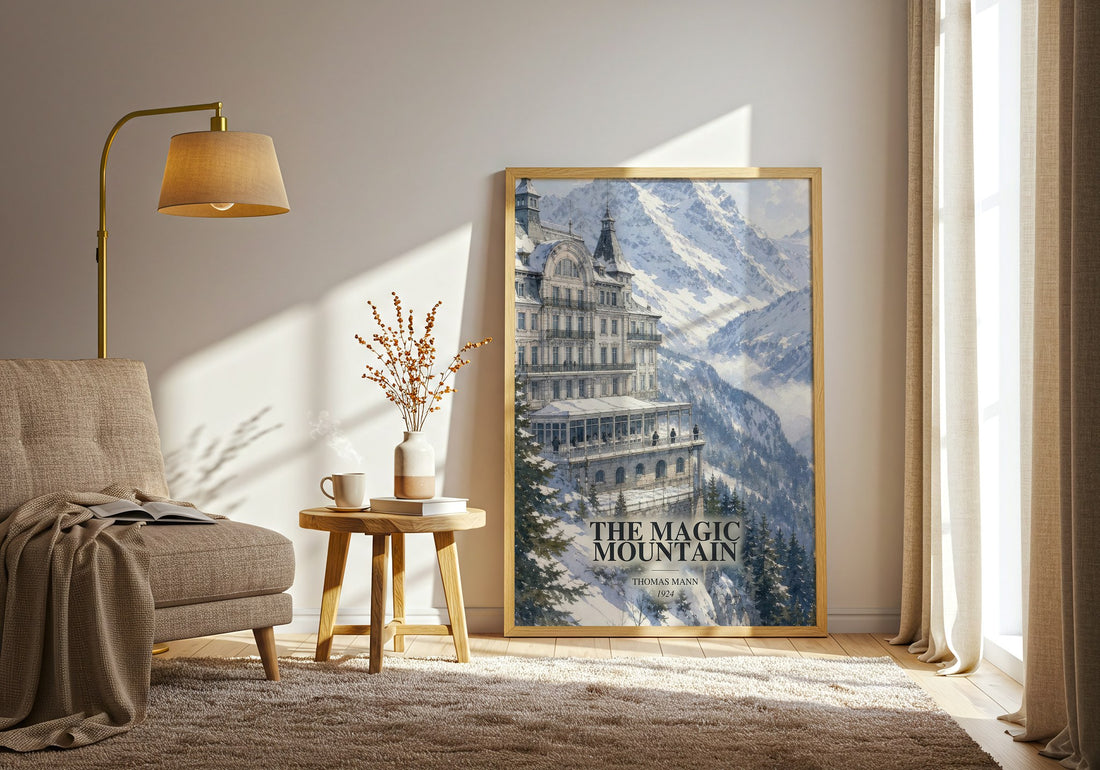 The Magic Mountain watercolour print in frame leaning in hallway – literary fiction wall art (mockup)