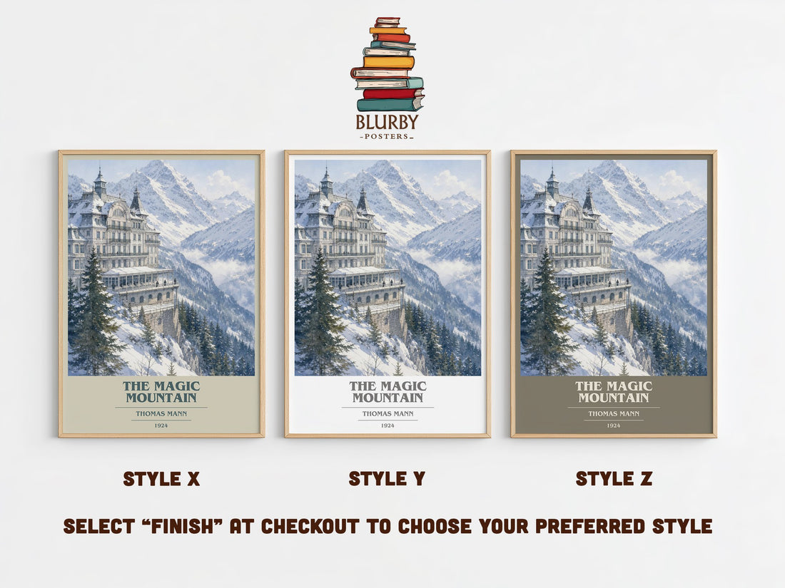 The Magic Mountain book cover print in frame leaning in hallway – literary fiction wall art (mockup)