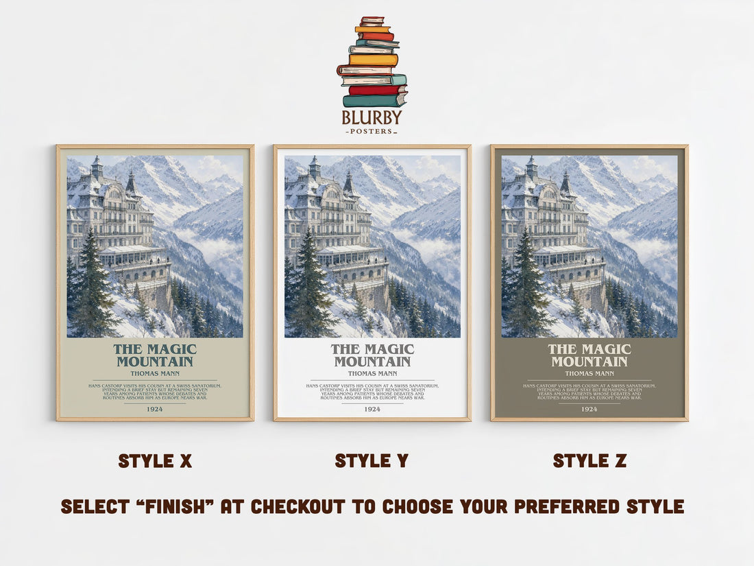 The Magic Mountain bookish print in frame leaning in hallway – literary fiction wall art (mockup)