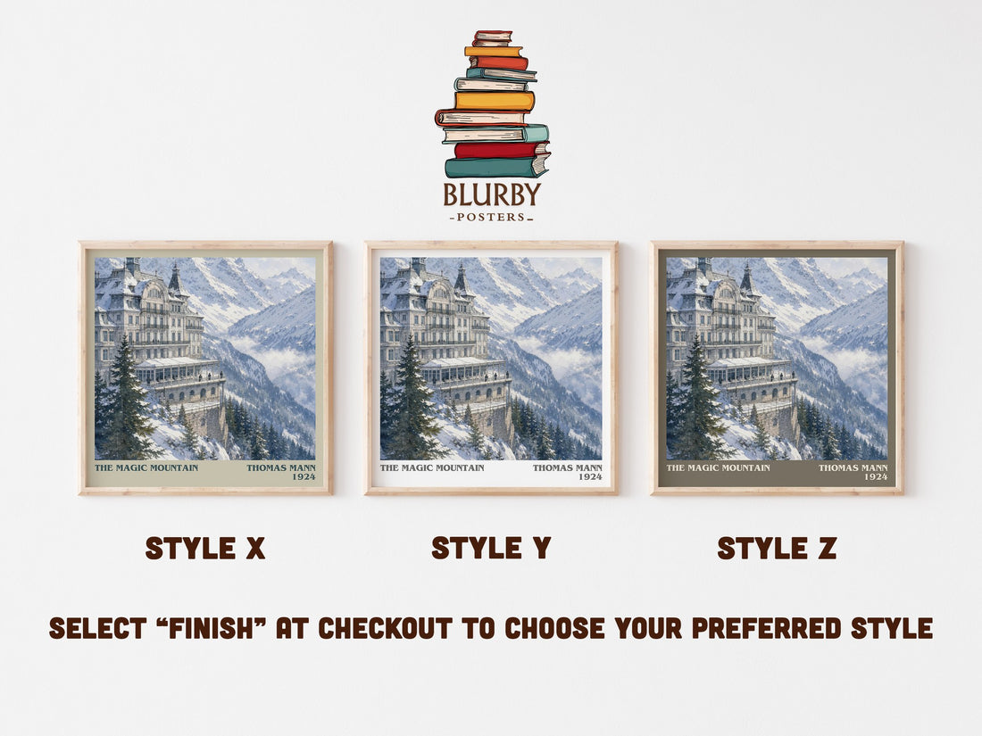 The Magic Mountain literary print in frame leaning in hallway – literary fiction wall art (mockup)