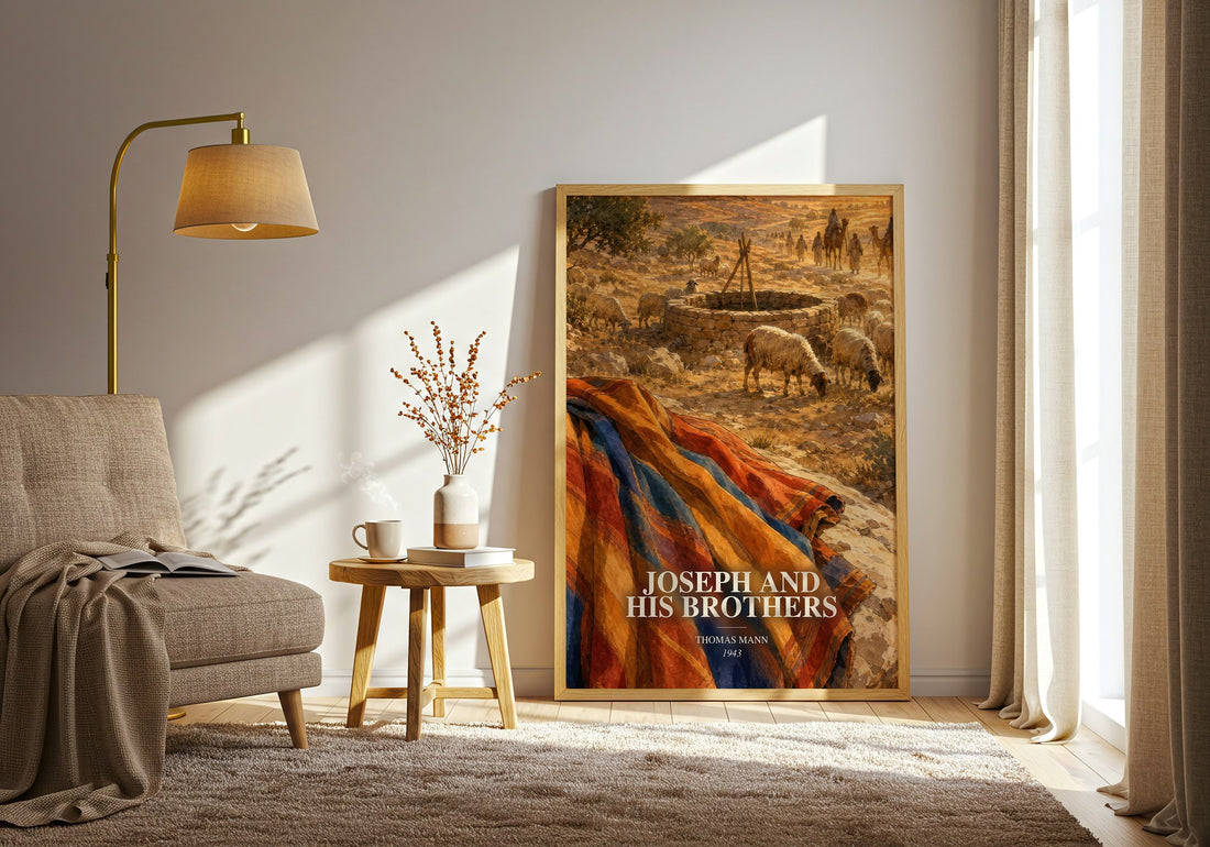 Joseph and His Brothers watercolour print in frame leaning in hallway – literary fiction wall art (mockup)
