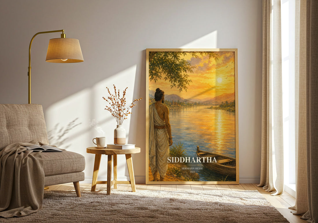 Siddhartha watercolour print in frame leaning in hallway – philosophy wall art (mockup)