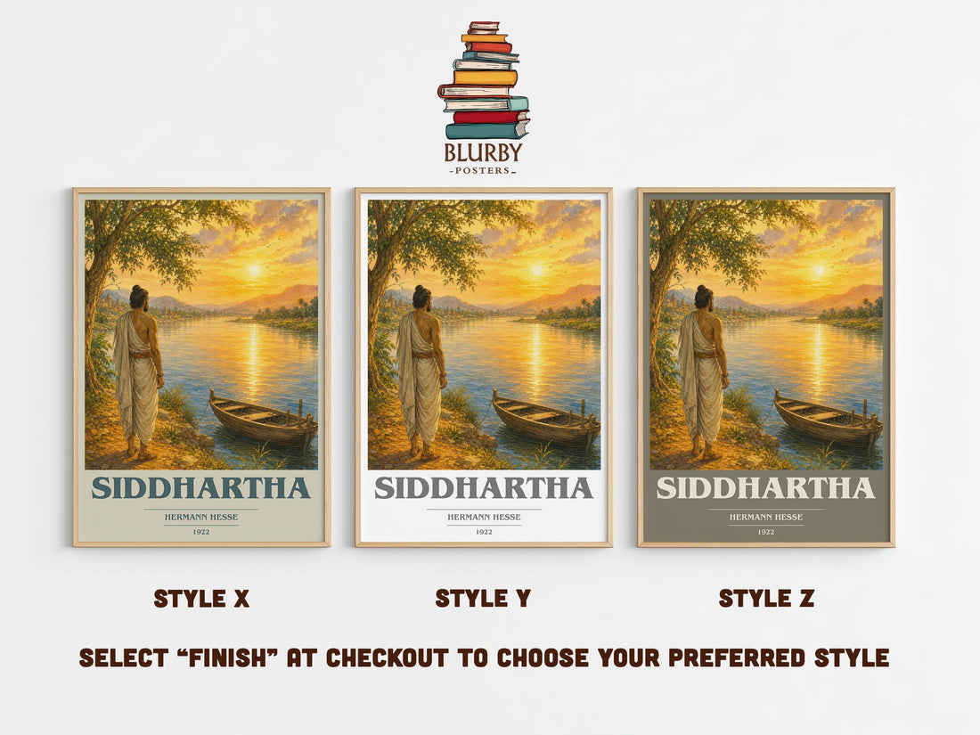 Siddhartha book cover print in frame leaning in hallway – philosophy wall art (mockup)