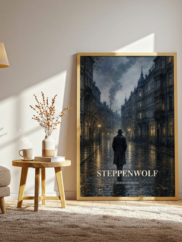 Steppenwolf watercolour print in frame leaning in hallway – literary fiction wall art