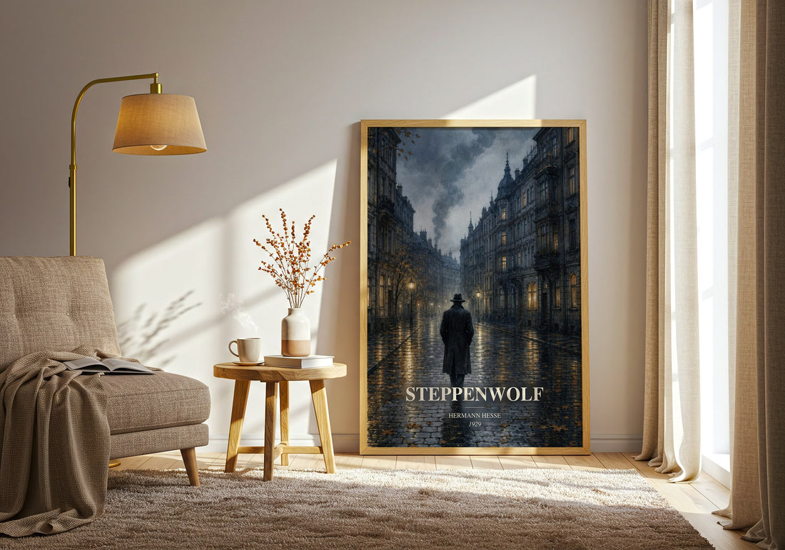Steppenwolf watercolour print in frame leaning in hallway – literary fiction wall art (mockup)