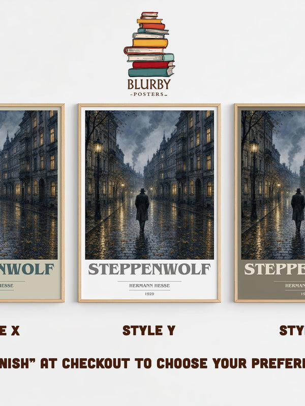 Steppenwolf book cover print in frame leaning in hallway – literary fiction wall art