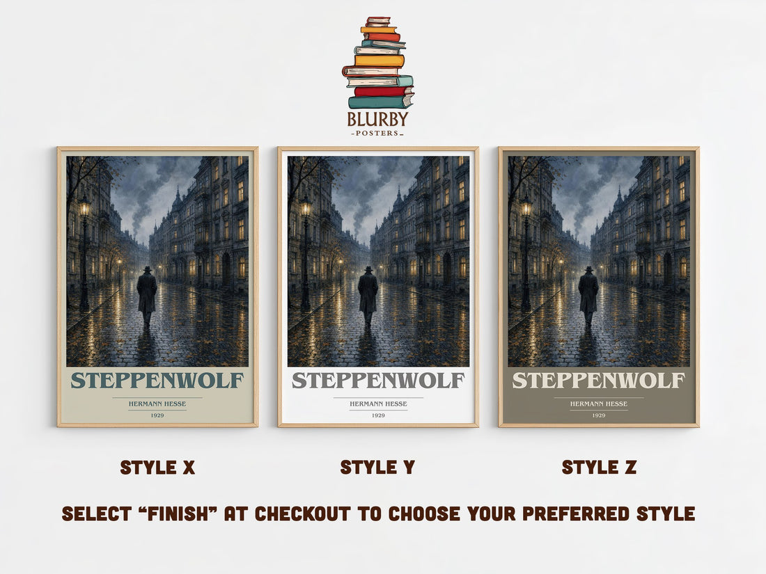 Steppenwolf book cover print in frame leaning in hallway – literary fiction wall art (mockup)