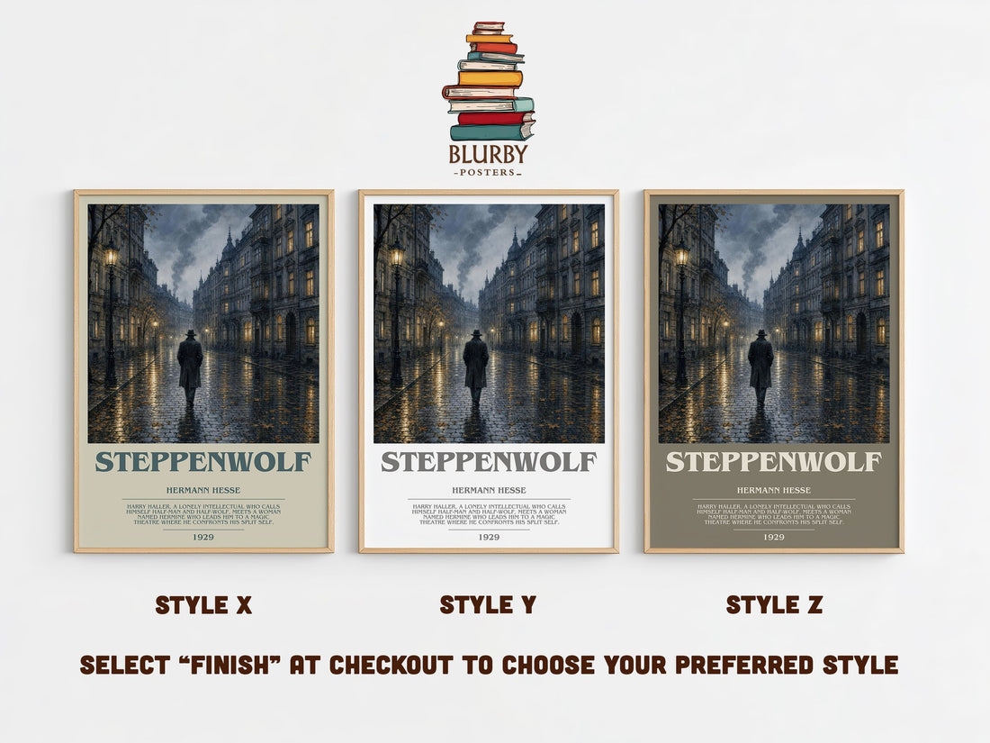 Steppenwolf bookish print in frame leaning in hallway – literary fiction wall art (mockup)