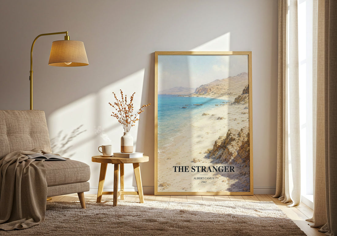 The Stranger watercolour print in frame leaning in hallway – literary fiction wall art (mockup)