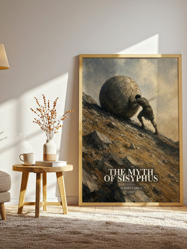 The Myth of Sisyphus watercolour print in frame leaning in hallway – philosophy wall art