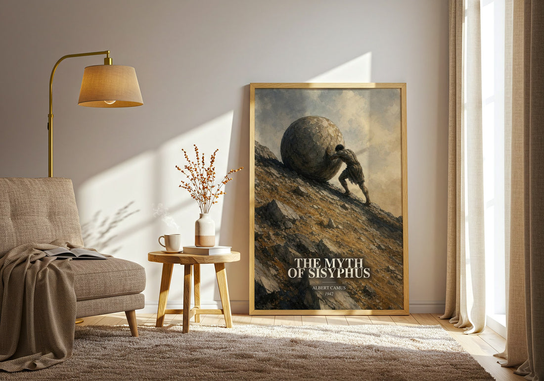 The Myth of Sisyphus watercolour print in frame leaning in hallway – philosophy wall art (mockup)