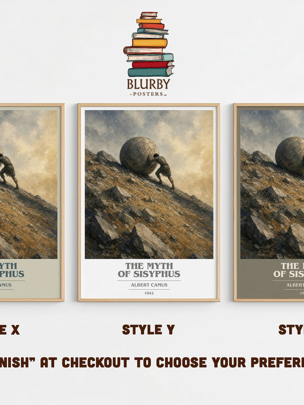 The Myth of Sisyphus book cover print in frame leaning in hallway – philosophy wall art