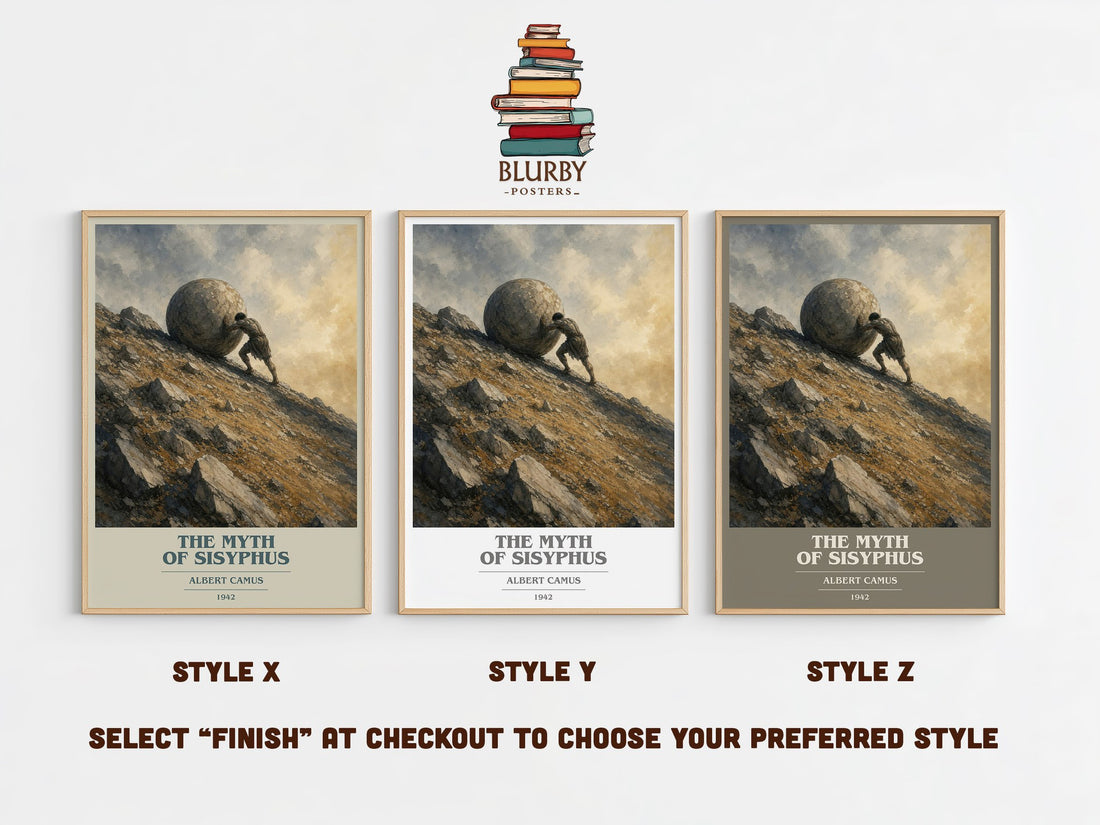 The Myth of Sisyphus book cover print in frame leaning in hallway – philosophy wall art (mockup)