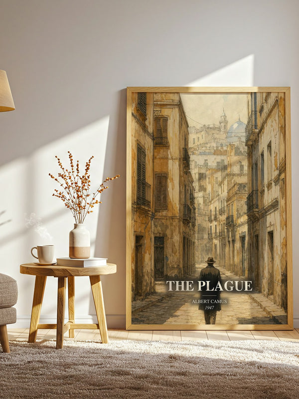 The Plague watercolour print in frame leaning in hallway – literary fiction wall art