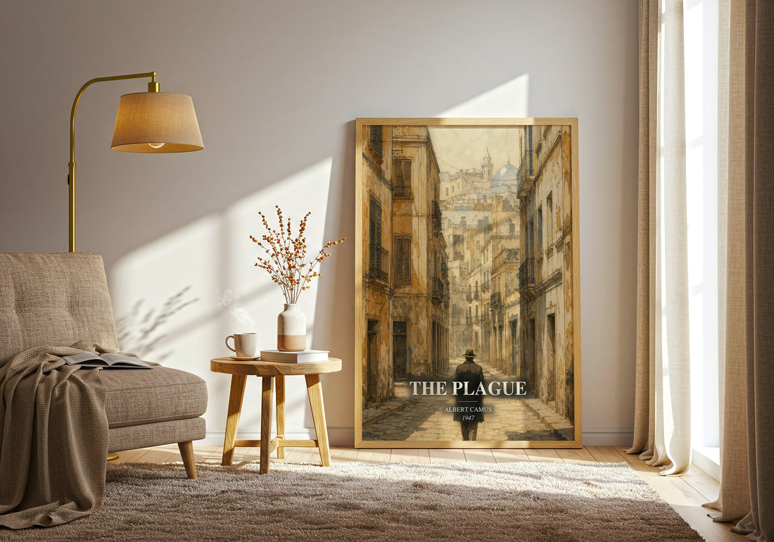 The Plague watercolour print in frame leaning in hallway – literary fiction wall art (mockup)