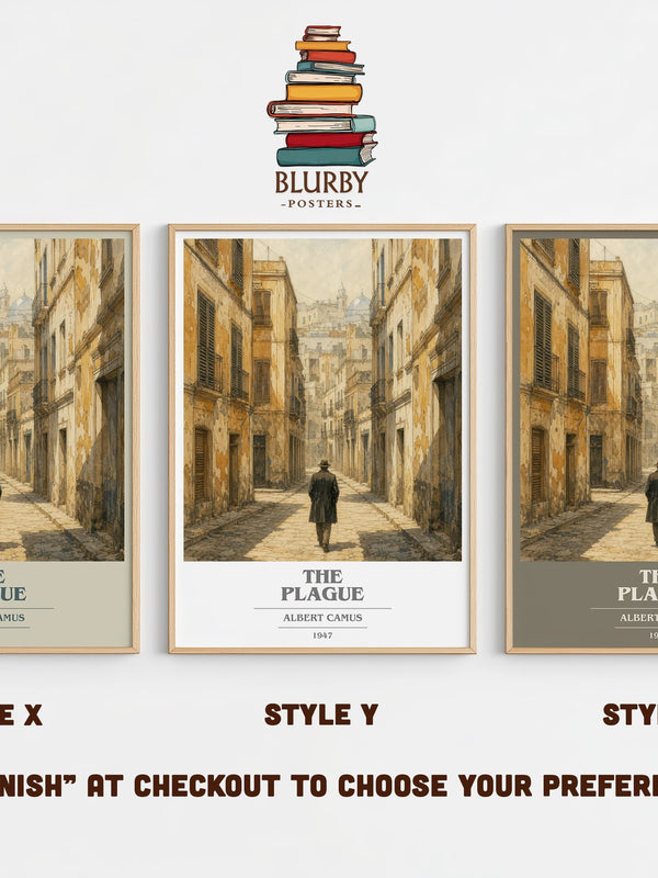 The Plague book cover print in frame leaning in hallway – literary fiction wall art