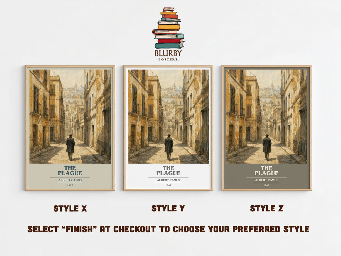 The Plague book cover print in frame leaning in hallway – literary fiction wall art (mockup)