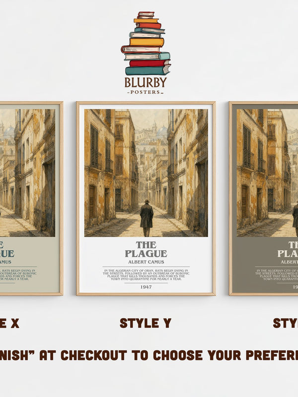 The Plague bookish print in frame leaning in hallway – literary fiction wall art