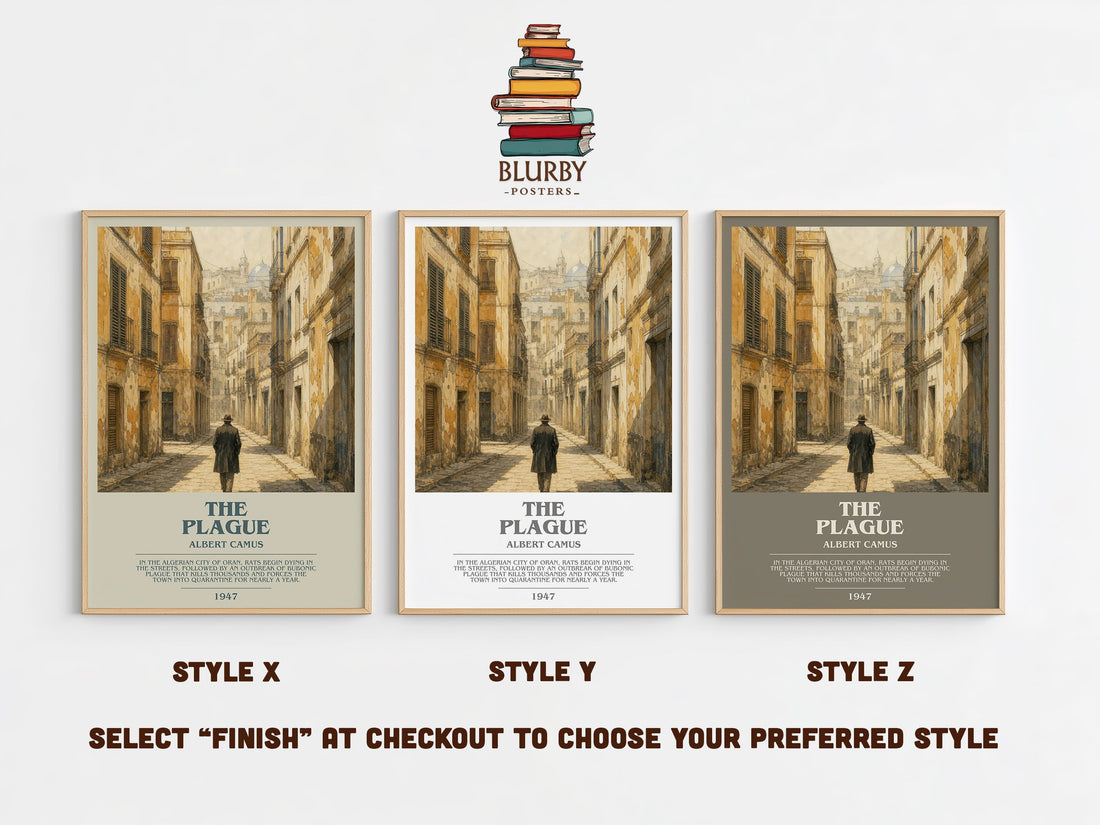 The Plague bookish print in frame leaning in hallway – literary fiction wall art (mockup)
