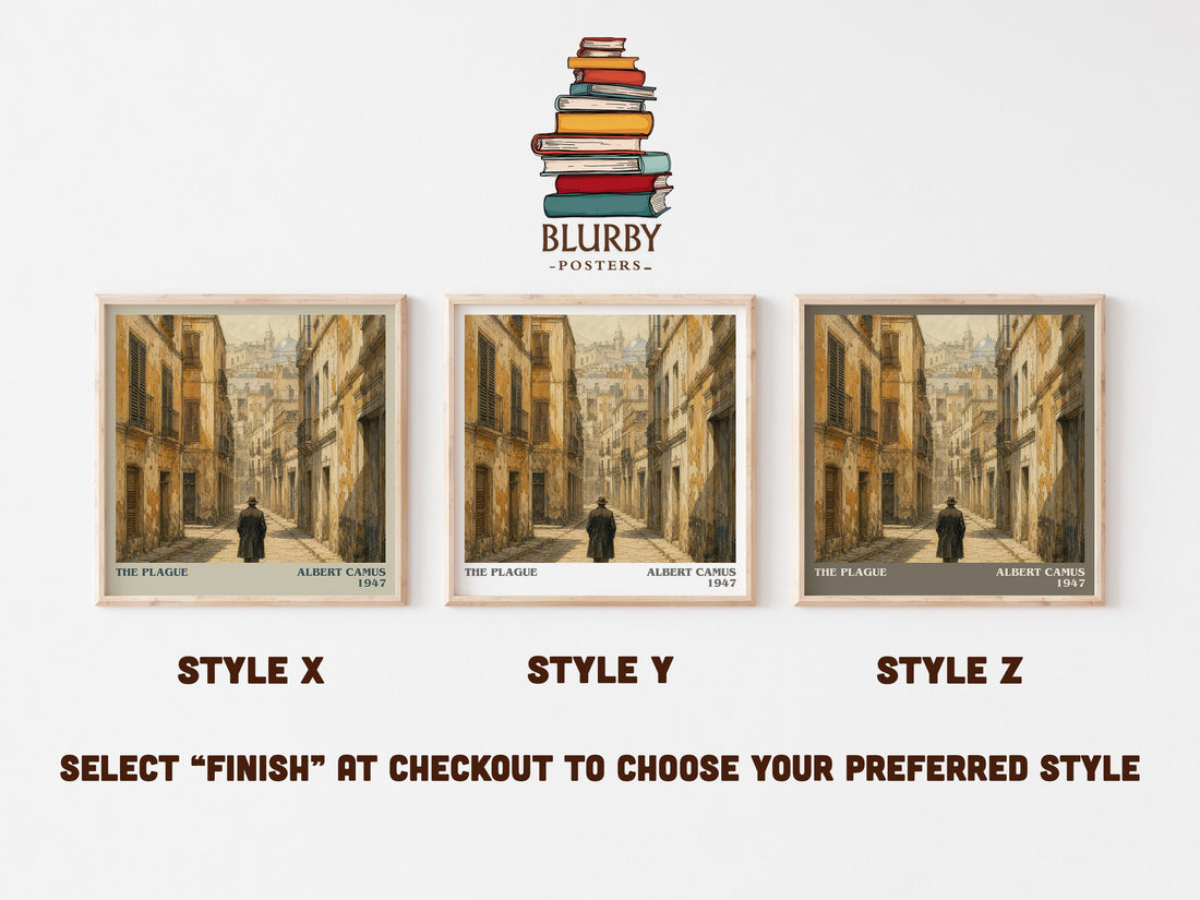 The Plague literary print in frame leaning in hallway – literary fiction wall art (mockup)