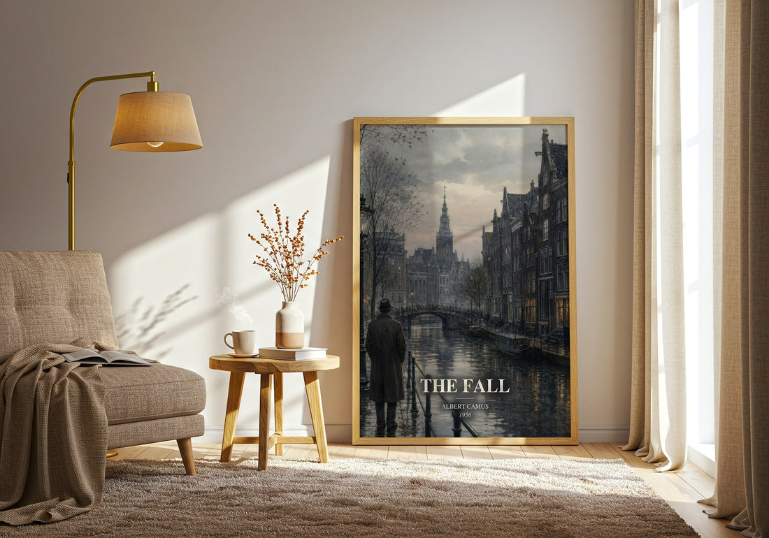 The Fall watercolour print in frame leaning in hallway – philosophy wall art (mockup)